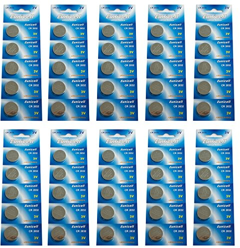 Eunicell CR2032 5004LC Lithium Blister Pack 3V 3 Volt Coin Cell Batteries (50 pcs) by Eunicell