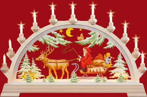 Kunstgewerbe Taulin Schwibbogen Nikolaus mit Schlitten, farbig - 65x40 cm