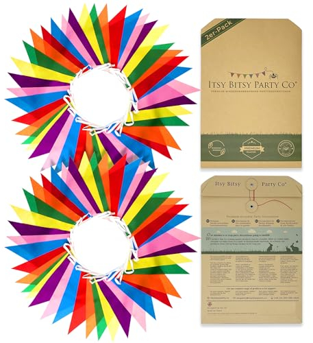 Premium Wiederverwendbare Wimpelkette Outdoor Wetterfest - wasserdichte Stoff Girlande Outdoor Banner Deko Party - Regenbogen Girlande Geburtstag, Gartenparty, Sommerparty Deko (28m, 84 Große Fahnen)