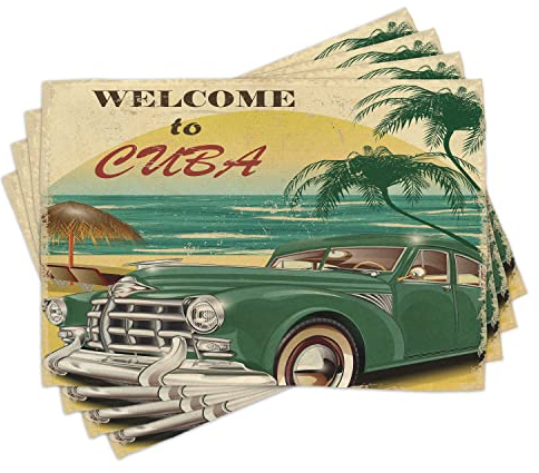ABAKUHAUS Retro Platzmatten, Nostalgischer Willkommen Zu Kuba Mit Klassischem Auto Strand Sonnenbank Sand Ozean Palmen, Waschbare Stoff Esszimmer Küche Tischdekorations Digitaldruck, Dunkel Seafoam
