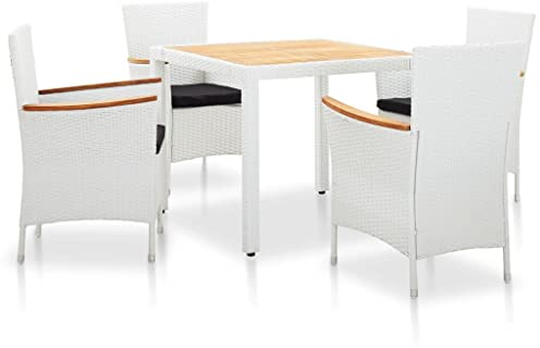 vidaXL Gartenmöbel 5-TLG. Gartengarnitur Sitzgruppe Gartenset Sitzgarnitur Gartentisch Tisch Stühle Poly Rattan Weiß Holz-Tischplatte