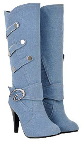 Stivali di jeans da donna Inverno Confortevole antiscivolo Festa di nozze Scarpe con tacco alto Stivali lunghi da donna caldi con fibbia casual