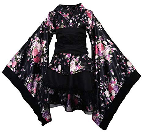 SOIMISS Kimono Court Costume Adulte Traditionnel Polyester Yukata Motif V- Cou Kimono Fête Cosplay Tenue pour Fête Femmes Filles Cadeau Xxl (Noir)