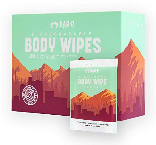 Bar-D Cleansing Face & Body Wipes for Women and Men - Individually Wrapped Biodegradable Shower Wipes with Tea Tree Oil & Aloe Vera (20 Count/Box)