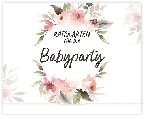 HIMMEL.HERZ.PAPIER® Babyparty Spiele - 25 Babyshower Karten zum Ausfüllen für Babyparty Mädchen und Jungen - Ratespiel inkl. Box - Rosa