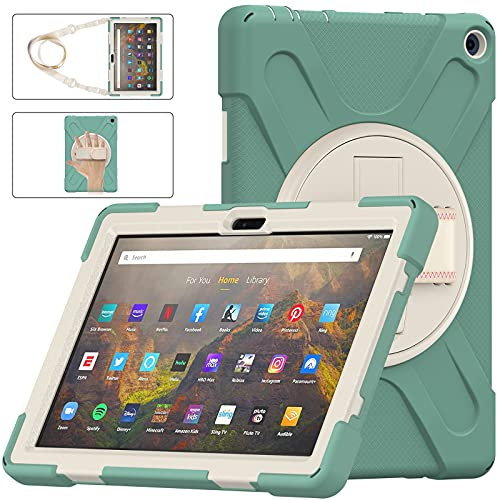 LEHEE Case for All-New Amazon Fire HD 10 & Fire HD 10 Plus Tablet(10.1,11th Generation, 2021 Release), Heavy Duty Rugged Shockproof Hard Case 360 Rotating Stand & Strap Cover, Green-A