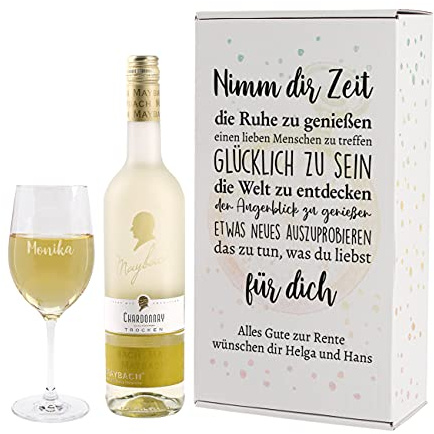 Herz & Heim® Rente Geschenk mit gravierten Leonardo Weinglas und Maybach Weißwein zur Auswahl Chardonnay