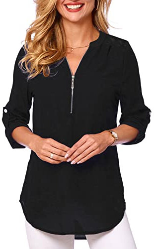 Tuopuda Magliette Donna Estive Camicette Manica Lunga Camicia Elegante Blusa Moda T-Shirt Scollo a V Top con Cerniera Tee Maglietta Casual Shirt Tinta Unita Pullover Taglie Forti, Z1-Nero, XL