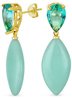Einzigartige geometrische lineare grüne Amazonit Rhombus Teardrop Shape CZ & natürliche Multi-Tier Edelstein Partei baumelnden Ohrringe für Frauen in 14K Gelbgold vergoldet