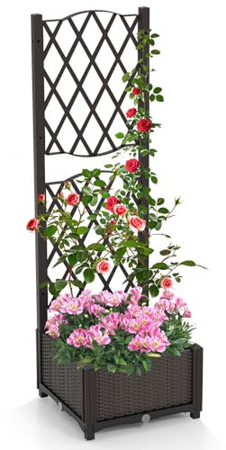 COSTWAY Garden Planter with Trellis, Weather-Resistant Trough Grow Box Flower Pot with Self-Watering Device and Drainage Holes, Indoor Outdoor Raised Bed for Climbing Plant Vegetable(40x40x122cm)