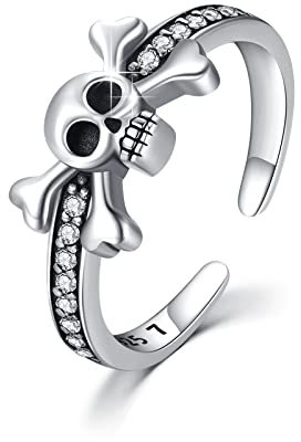 Totenkopf Ring/Halskette/Ohrringe für Damen 925 Sterling Silber Schädel Einstellbare Ringe Retro Gotik Ring Schmuck Geschenk für Männer Herren (Totenkopf-R)