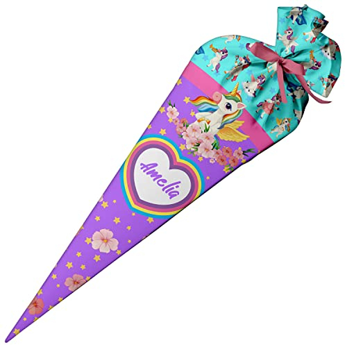 Ferocity Schultüte Regenbogen Einhorn für Mädchen, Personalisierte Tüte, aus Stoff, 70 cm Zuckertüte mit Namen, runde Papprohling und Füllung aus Silikonkügelchen, große Tüte als Kissen [149]