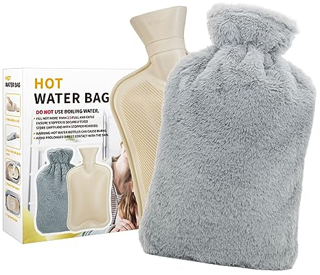 TOHDNC Bolsa de Agua Caliente de 2L, Grande Botella Agua Caliente para Cama con Desmontable y Lavable Suave Funda Botellas Goma Hot Water Bottle para Calentar Manos o Alivio del Dolor (Gris Claro)