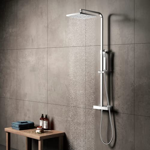 KOMIRO Thermostatische Duschsäule, quadratische Kopfdusche, höhenverstellbar, Duschset, Thermostat, Anti-Verbrennung, Chrom