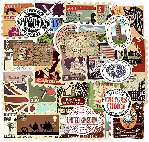 Pro-Noke Vintage Waterproof Vinyl Sticker for Laptop Luggage Scrapbook Postcard (50 Pieces Stamp Style)