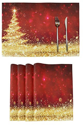 Weihnachten Tischsets Set 4 Weihnachten Tischsets Glänzender Weihnachtsbaum Golden Glitzer Rot Hitzebeständig Rutschfest Weihnachten Party Platzsets Dekoration für Küche Zuhause Urlaub