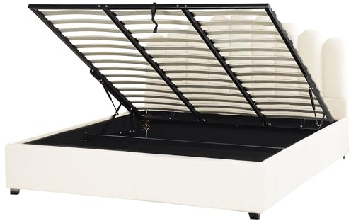 Beliani Velvet EU Super King Size Storage Bed 6ft Sea Shell Headboard Off White Vincennes