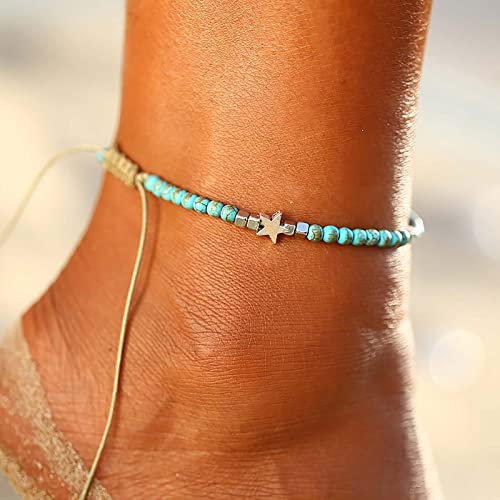 Atentuyi Boho Blue Beaded Anklet Beach Star Anklet Bracelets Barefoot Beach Anklet Handmade Bead Rope Chain Foot Barefoot Beach Anklet Jewelry for Women and Girls