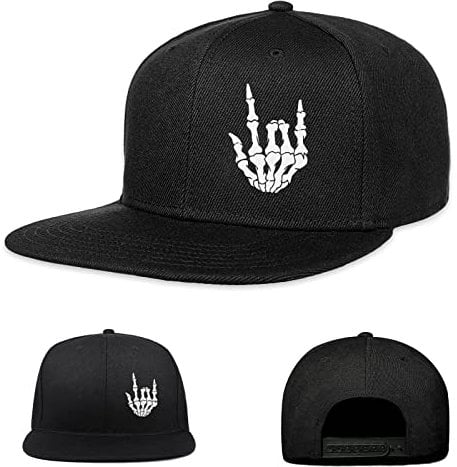 Gaming Hats Snapback Hats for Men Flat Bill Black Custom Snap Backpack Hat for Men, Skeleton/Hand, 6