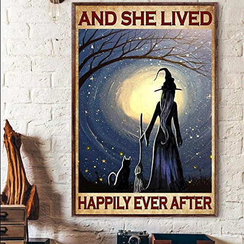 She Lived Happily Ever After Witches,12 * 8 Inches Vintage Funny Poster Wall Decor Art Gift Retro Picture Metal Sign