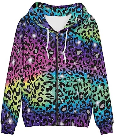 Uourmeti Kapuzenjacke mit Reißverschluss für Damen, Teenager, Mädchen, Herbst-Sweatshirt, Größe XS-5XL, Regenbogen-Leopardenmuster, XXL
