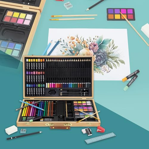 ECD Germany Set de Peinture de 109 Pièces avec Coffret en Bois, Kit d'Art Dessin Enfants, Crayons de Couleur, Pastels à l'Huile, Aquarelles, Pinceaux, Agrafeuse, Règle, Taille-Crayon, Éponge