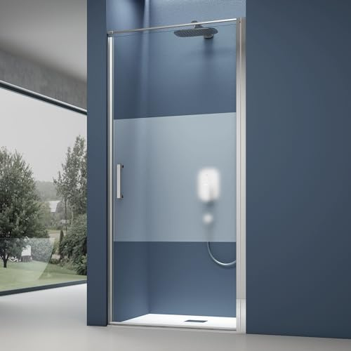 doporro Nischentür Duschtür 80x195cm Duschkabine 8mm ESG-Sicherheitsglas | Milchglas-Streifen mit Nano-Beschichtung | mit Hebe- und Senkmechanismus | Aluminiumrahmen in Chrom | Teramo36K