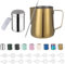 350ml Jarra Leche Barista Acero Inoxidable,con Medición Mark 12 oz, Jarra de Espuma de Leche con Dispensador de Cacao, 16 Plantillas y Bolígrafo para Capuchino y Espresso,color dorado