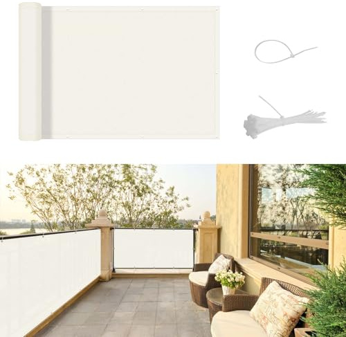 SUNNY GUARD Brise Vue Balcon 90x800cm Cache Vue Balcon,Protection UV,Coupe-Vent et Imperméable,pour Terrasse Jardin Patio,avec Attaches de câble,Crème | Brise-vue pour balcon, coupe-vent et protection UV pour extérieur, câbles d'installation inclus