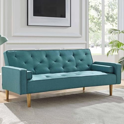 Mobilier-Deco Juliette - Canapé clic clac en Tissu Bleu avec Pieds en Bois