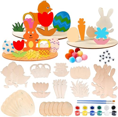 Forhome 6 Stück Hasen aus Holz zum Bemalen, Hasen und Küken aus Holz zum Bemalen, DIY Ostern Basteln Holz Kinder, 3D Osterhase Bastelset für Malaktivitäten Bastelset Kinder Ostern Frühling