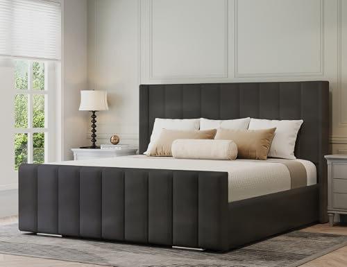 Furnishion Vienna Wingback Double Bed Frame 4ft6, Modern Plush Velvet Upholstered Panelled Design, Luxury 4ft6 Beds Base with High Headboard, Stylish Bed Frame Double for Bedrooms in Steel Plush