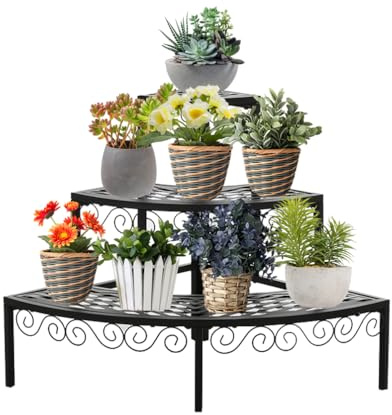 BAOYOUNI 3 Stufen Metall Pflanzentreppe Blumentreppe Blumenbank 60x60x60cm | Pflanzenregal Blumenregal Pflanzenständer Blumenständer für Garten Balkon Terrasse Drinnen und Draußen, Schwarz