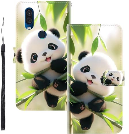 WUACYEAMING für Motorola One Vision Hülle Premium PU Leder Flip Klappbare Stoßfeste Magnetische Schutzhülle Tasche mit Kartenfach Geld Slot Ständer Panda