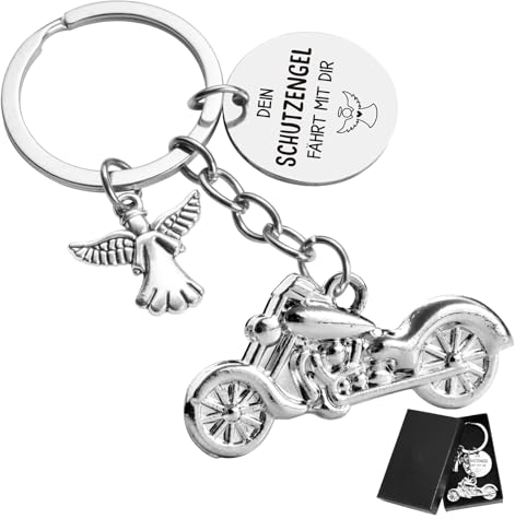 BETESSIN Schutzengel Schlüsselanhänger Motorrad Auto Glücksbringer Anhänger mit Gravur Dein Schutzengel Fährt mit Dir Drive Safe Schlüsselband Geburtstag Vatertag Geschenk für Männer Frauen