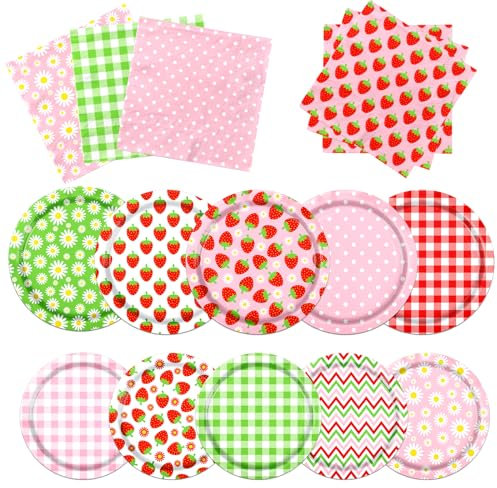 Decoraciones de cumpleaños de fresa, 60 platos y servilletas de fiesta de cumpleaños de fresa, suministros de fiesta de primer cumpleaños para decoración de fiesta de baby shower temática de fresa