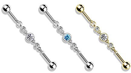 beyoutifulthings Industrial-Piercing SET Gold Silber Zirkonia-Kette Clear Aqua Industrial-Barbell Industrial-Bar Chirurgenstahl Stab-länge 38-mm