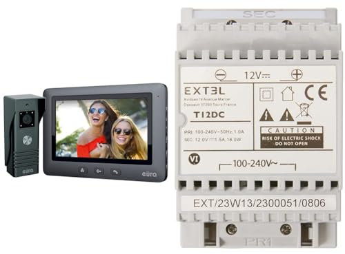 Eura VDP-45A3 Alpha Interphone vidéo 4 Fils avec écran Couleur 7 Noir & Alimentation modulaire pour visiophones filaires EXTEL alimentés en 12V