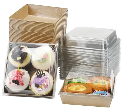 KITERI 50 Pcs Cake Slice Boxes with Clear Lids, 4.7'' Paper Charcuterie Box | Proof Dessert Boxe, Square Cookie Containers, Takeaway Boxes, Individual Cake Boxes, for Portions Cupcakes, Brown