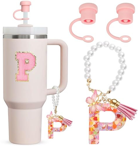 Letter Cup Accessories,4pcs Includs 2pcs Dustproof Straw Topper,1pc Charm Accessories for Cup and 1pc Personalized Name ID A-Z Pearl Hangings Letter Stickers (P)