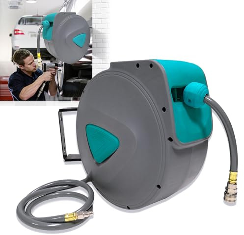 ROSEJANE Automatischer Druckluft-Schlauchaufroller 10m 1/4 Zoll Wandhalter | Robustes Gehäuse mit automatischer Aufrollfunktion, platzsparende Wandmontage, optimal geeignet für Werkstatt Garage,grau