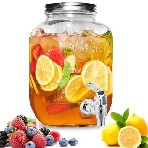 Duscdesp 4L Getränkespender Glas mit Zapfhahn und Deckel, Wasserspender mit Presse Hahn Saftspender Limonadenspender Kühlschrank Partys Spender für Saft, Wasser, Kalte Getränke