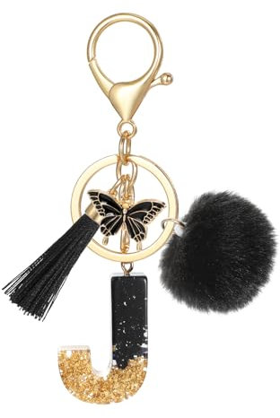 MWOOT Porte Clé Lettre avec Initiale, Porte Clef Alphabet avec Pendentif Pompon Tassel Papillon pour Femmes Filles, Charme de Porte Clés en Résine Noir pour Clé de Voiture Sac à Main Décor(J)