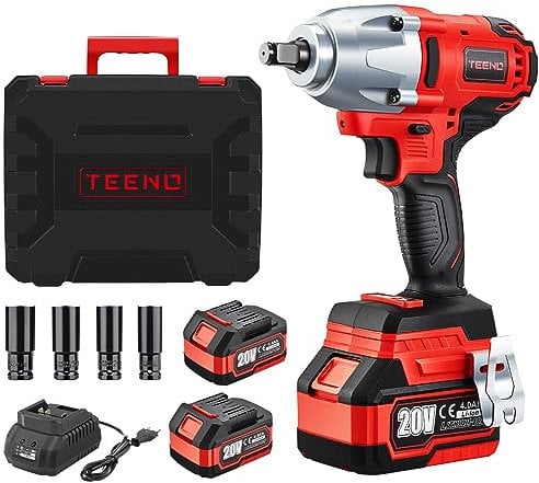 TEENO 20V Brushless Lithium-Ion Impact Wrench 4.0Ah Batteries, Charger, 1/2 Inch, 600N.m(Two Batteries)