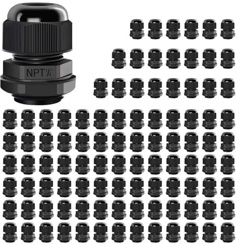 LeMotech 100 Pack NPT 1/4 Cable Glands Waterproof Adjustable 4-8mm Cable Connectors Black Nylon Joints with Gaskets