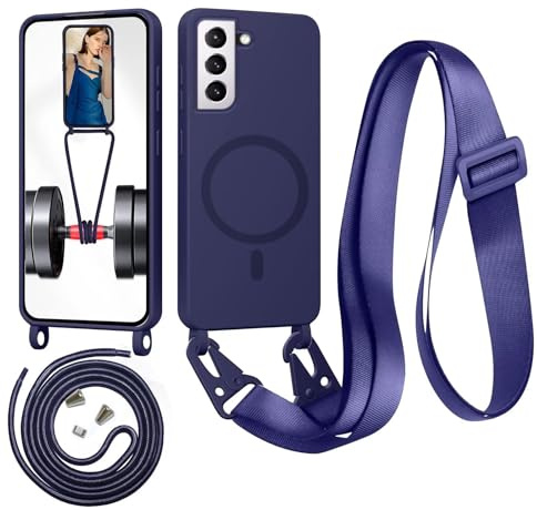 Beajew Handykette für Samsung Galaxy S21 FE Hülle mit Band [Kompatibel mit Magsafe] Flüssig Silikon Necklace Handyhülle Magnetische Schutzhülle zum Umhängen Kordel für Samsung S21 FE, Dunkelblau