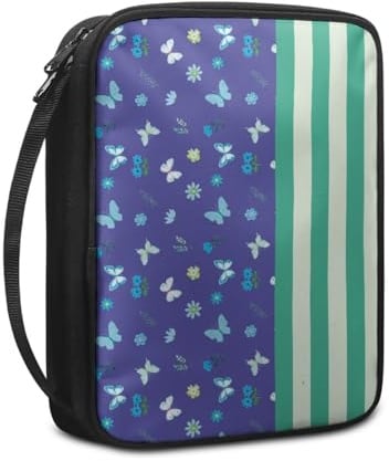 Bibelhülle Gestreift Lila Grün Buchtasche für Männer Frauen Tragbar Buchhülle Stoff Leinwand Polyester Bibel Zubehör mit Reißverschluss Griffen Bibel Hülle 27.5x22.5x5.5 cm