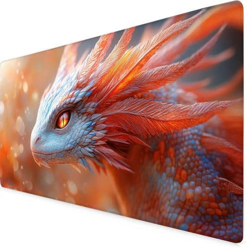 Schreibtischunterlage Orange Farbe Mauspad Drachen mit Leder und Rutchfeste Wildleder, Wasserfeste Gaming Tischunterlage, Multifunktionales Office Mousepad 900x300x3mm, Homeoffice Ausstattung K7-833