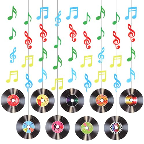 TIESOME 9 Stück Schallplatten Deko mit Musiknoten,Rock and Roll Musik(Bunt) | Party Dekorationen Retro Schallplatten Girlande Papier Banner zum Hängen für 50er und 60er Jahre Party Dekos
