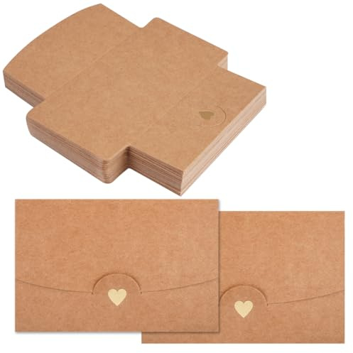 50 Stück Kraftpapier Umschläges, Mini Briefumschläge mit Herz Verschluss, Geschenkkarte Umschläge Braun, Briefkuvert, Briefumschläge Kraftpapier,Goldprägung Herz Mini Umschläge für Geschenkkarten